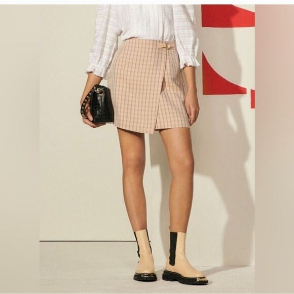 Sandro Paris Womens Nude Meredith Checkered Twill Mini Wrap Skirt  Size 2 - Picture 1 of 13